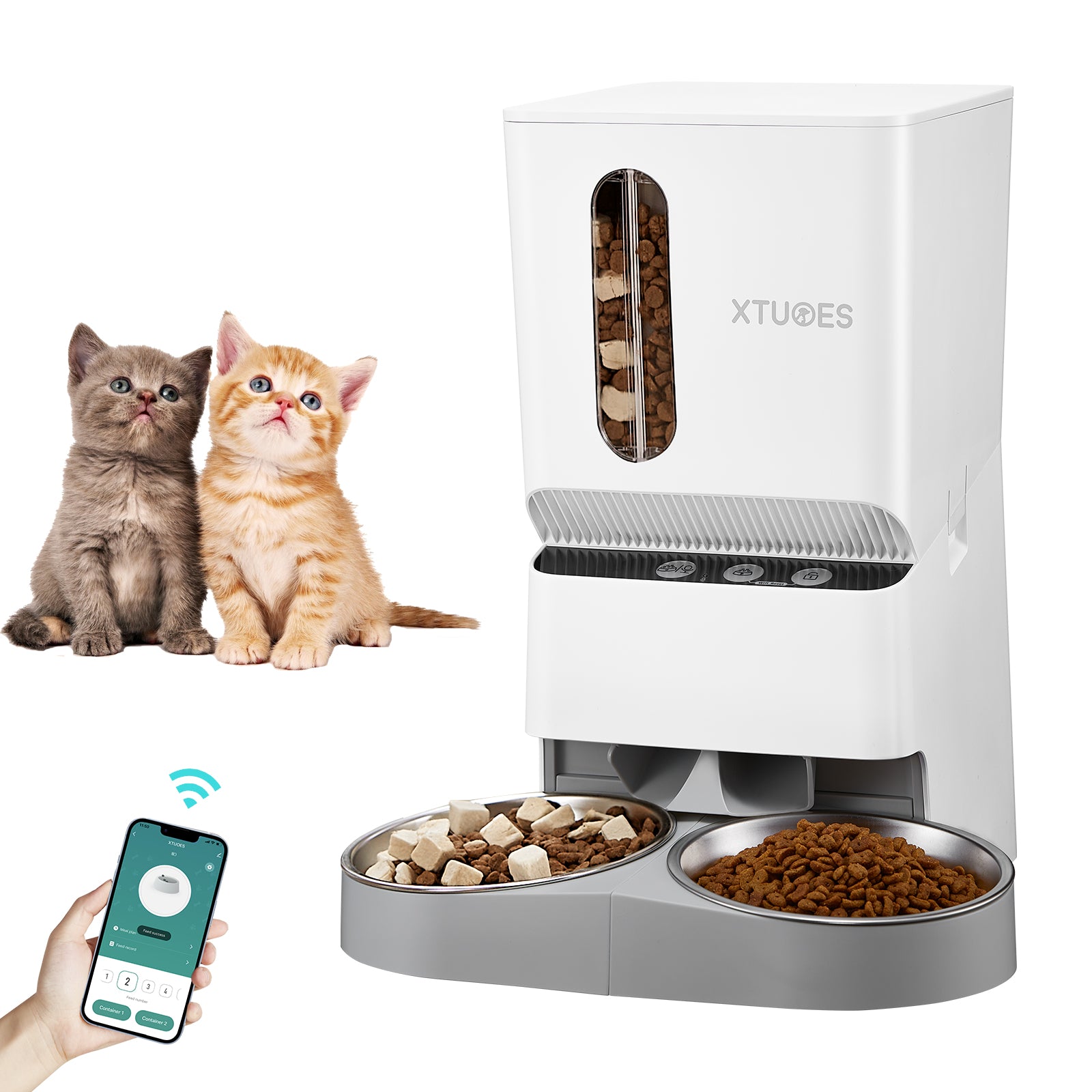 XTUOES 5L Automatic Cat Feeder WiFi with App Control Pet Food Dispenser with Double Bowl - White XTUOES 5L Automatic Cat Feeder WiFi with App Control Pet Food Dispenser with Double Bowl - White